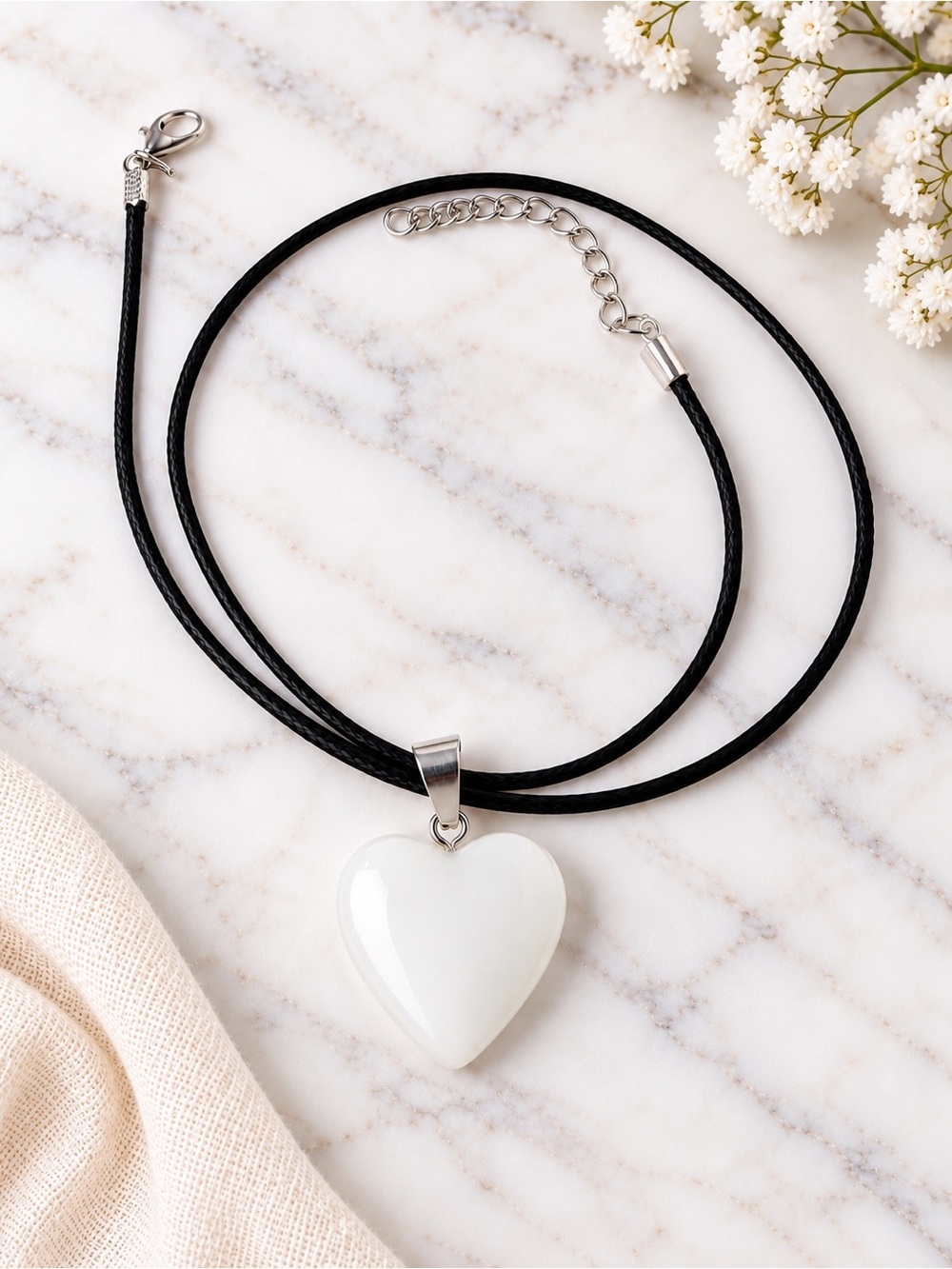 White Heart Pendant Necklace on Black Cord